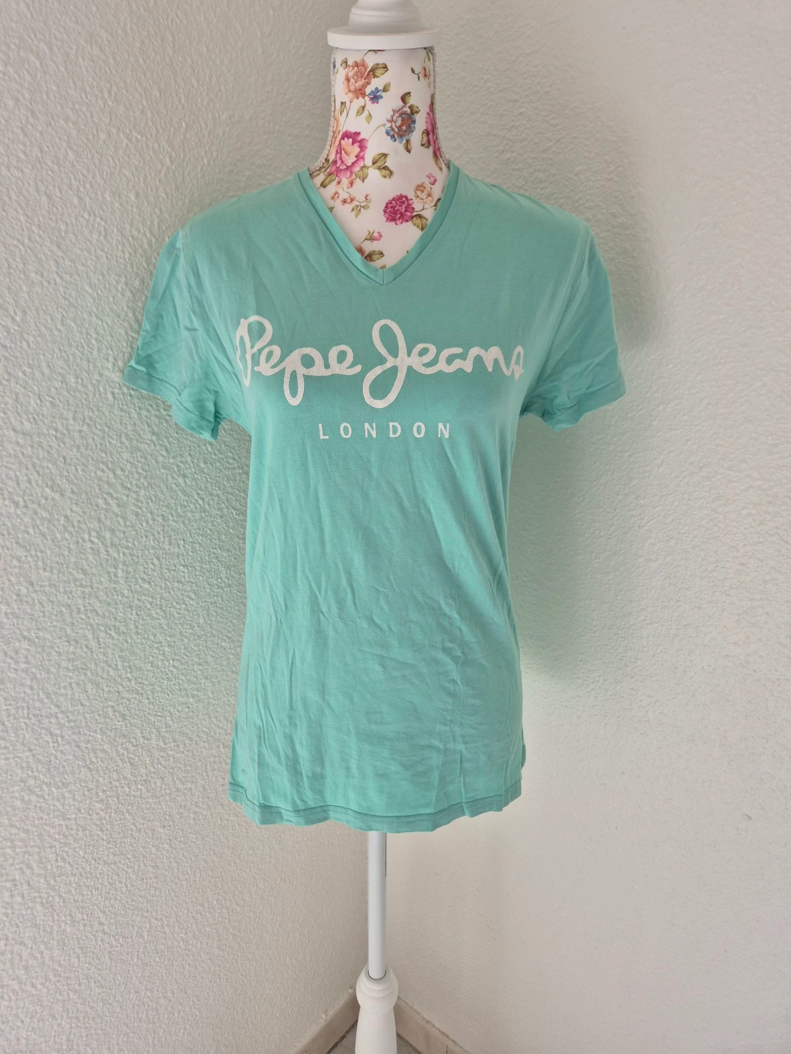 T-shirt Pepe Jeans London vert d'eau Slim Fit col V – Taille S – 95 % coton